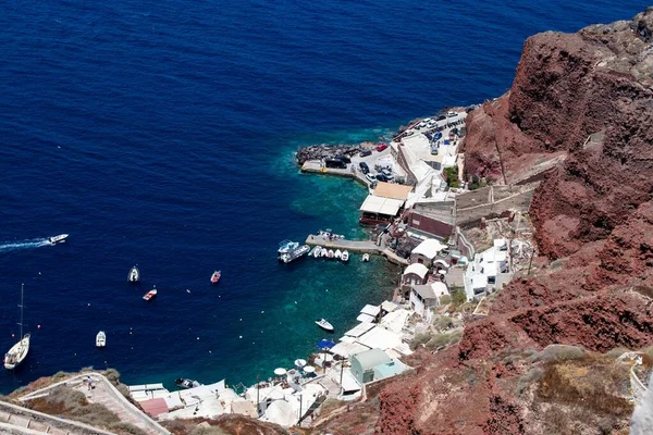 Aerial View Boats Buildings Coastline Oia Village Dunny Day — Stock Photo, Image