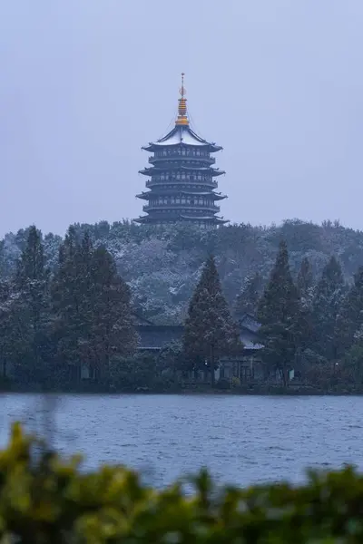 Вертикальный Снимок Традиционной Китайской Буддийской Пагоды Окруженной Озером Деревьями — стоковое фото