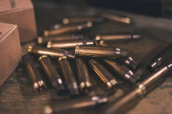 Closeup Shot Bullet Casings Wooden Surface — Stock Photo, Image
