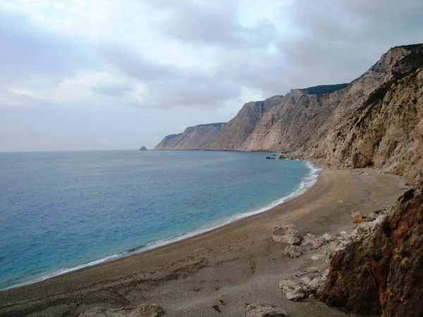 Красивый Вид Голубое Море Песчаный Пляж Platia Amp Кефалония — стоковое фото