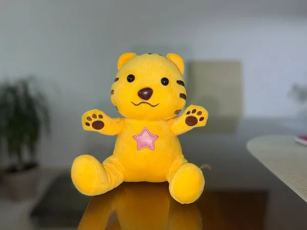 Cute Yellow Bear Plush Toy Stuffed Animal Isolated Blurred Background — Stock Photo, Image