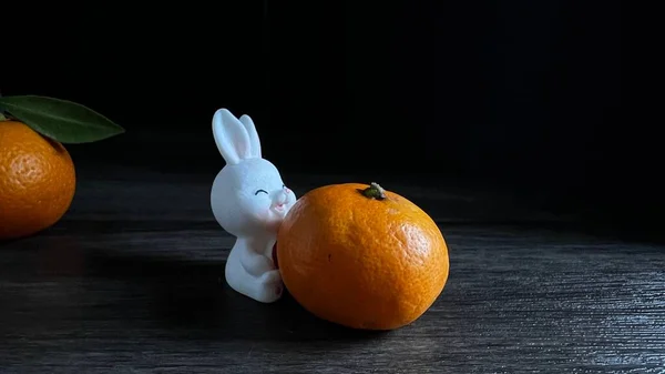 Eine Niedliche Kleine Hasenfigur Umarmt Eine Mandarinenorange Auf Dem Dunklen — Stockfoto