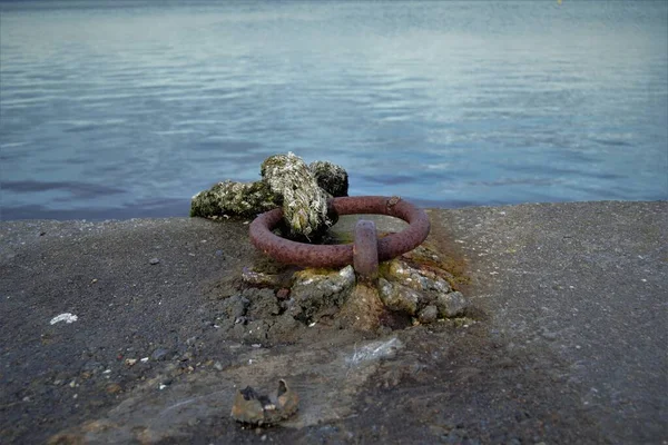 Uma Corda Amarrada Anel Ferro Fundo Oceano — Fotografia de Stock