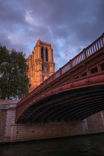 Svislý Nízký Úhel Mostu Pont Double Výhledem Katedrálu Notre Dame — Stock fotografie