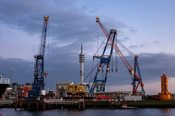 Industrial Inland Shipping Colourful Cranes Port Sunset Blue Hour Engineering — Stock Photo, Image