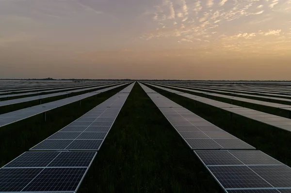 Elektrownia Słoneczna Mnóstwem Modułów Energetycznych Paneli Ustawionych Wzdłuż Zielonej Trawy — Zdjęcie stockowe