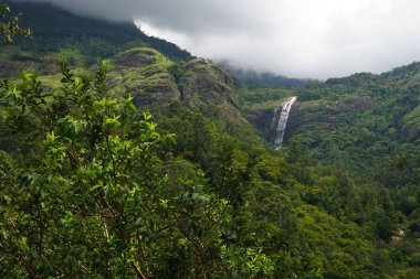 Bulutlu gökyüzüne karşı yemyeşil bir vadinin ortasında büyük bir şelale.