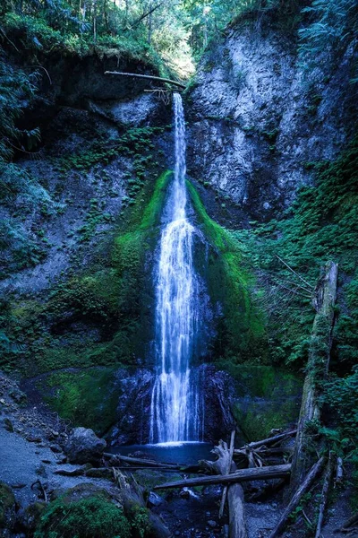 Een Verticaal Schot Van Marymere Falls Rotsachtige Gebieden Bedekt Met — Stockfoto