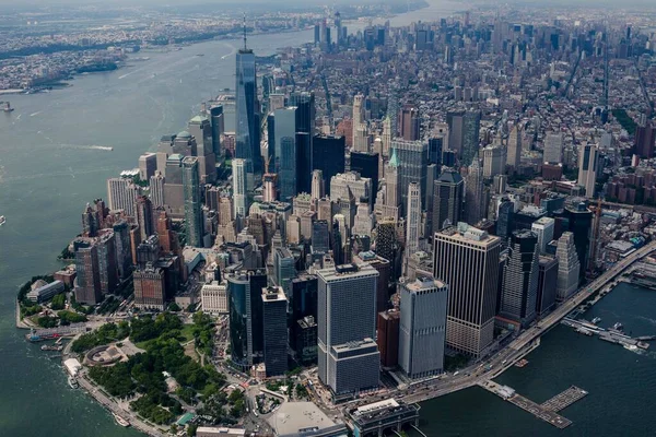 Uma Foto Aérea Distrito Financeiro Nova York Com Edifícios Modernos — Fotografia de Stock