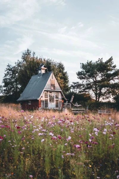比利时纳木尔省花田上的魔法师小屋景观 — 图库照片