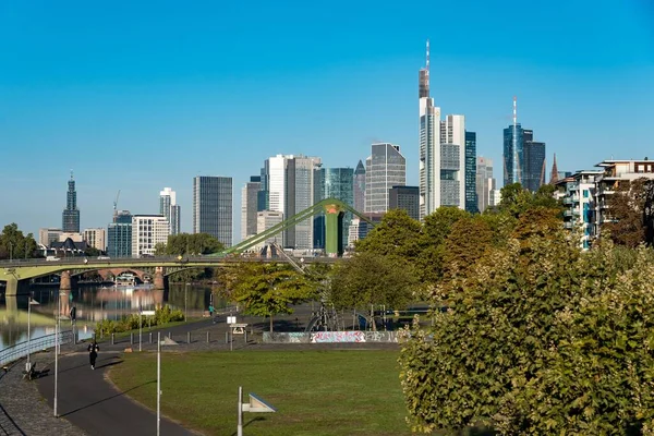 Grön Park Bakgrunden Frankfurts Moderna Byggnader — Stockfoto