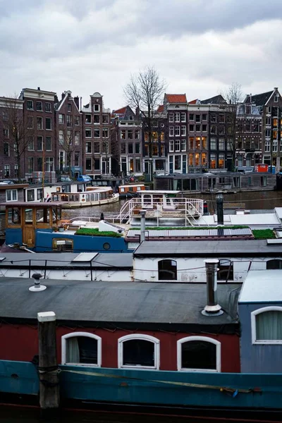 Городской Пейзаж Зданий Амстердама Лодочными Домами — стоковое фото