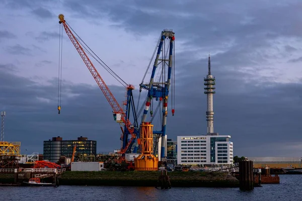 Industrial Inland Shipping Colourful Cranes Port Sunset Blue Hour Engineering — Stock Photo, Image