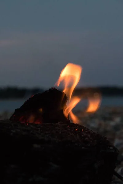 Sahildeki Bir Kamp Ateşinin Dikey Yakın Çekimi — Stok fotoğraf