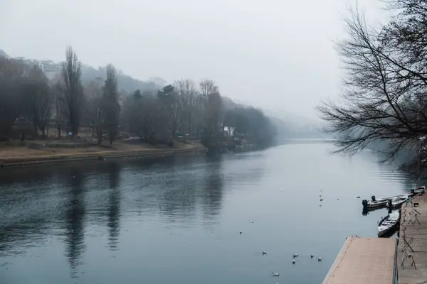 Rio Que Atravessa Parque Tranquilo Num Dia Frio Ligeiramente Enevoado — Fotografia de Stock