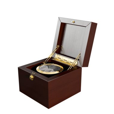 Beyaz arka planda izole edilmiş, iki günlük maun deniz kronometresinin 3 boyutlu bir çizimi.