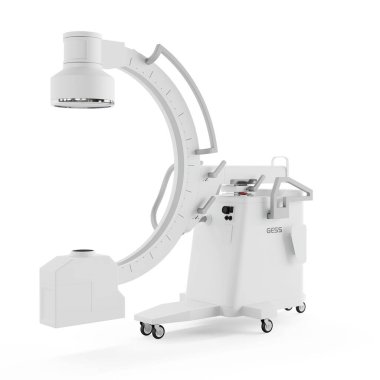 Beyaz arkaplanda izole edilmiş bir C-Arm makinesinin 3 boyutlu modeli.