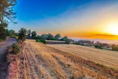 Büyüleyici bir gündoğumu sırasında dağlarla çevrili bir tarımın manzarası.