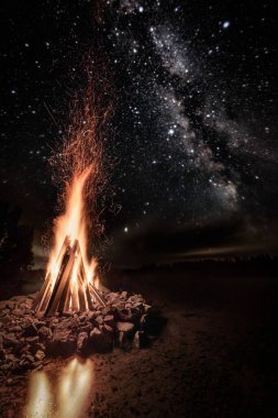 Finlandiya 'da yıldızlı gecede yanan bir yangının manzarası
