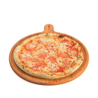 Tahtada beyaz arka planda izole edilmiş 3 boyutlu bir pizza..