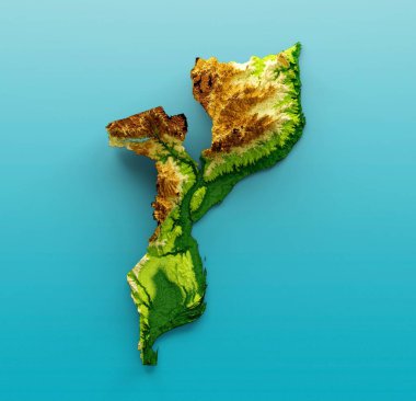 Mozambik Haritasının 3 boyutlu bir çizimi Denizin Mavi Arkaplan Renk Yüksekliği Haritası