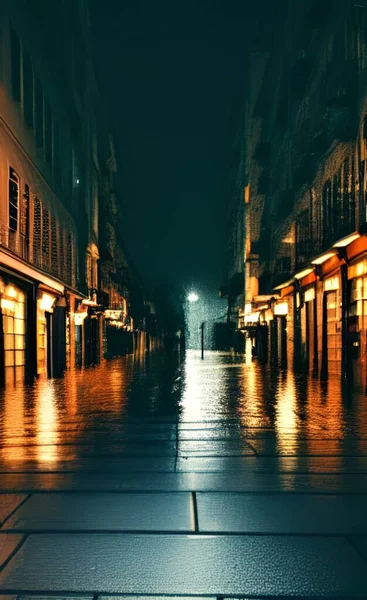 Eine Vertikale Nahaufnahme Einer Straße Die Nachts Mit Regenwasser Bedeckt — Stockfoto