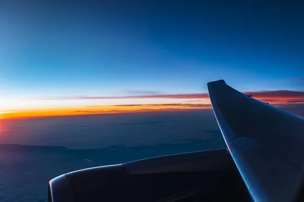 Aerial View Beautiful Orange Sunset Background Airplane Wing — Stock Photo, Image