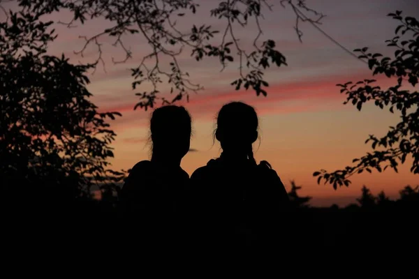 Zwei Silhouettierte Mädchen Sitzen Unter Bäumen Mit Rosa Himmelshintergrund — Stockfoto