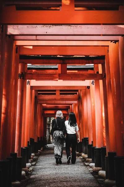 Vertikal Bild Kvinnliga Vänner Promenader Fushimi Enare Helgedom Kyoto Japan — Stockfoto