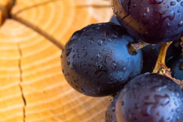Closeup Black Grapes Wooden Slice — Stock Photo, Image