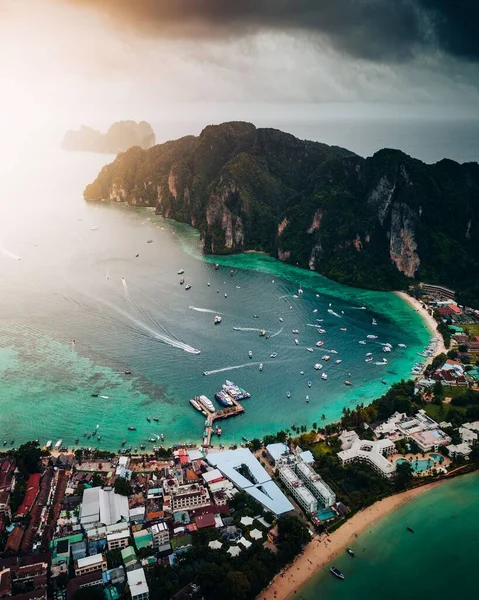 Aerial View Forested Green Rocky Island Sandy Beach Thailand Krabi — Stock Photo, Image