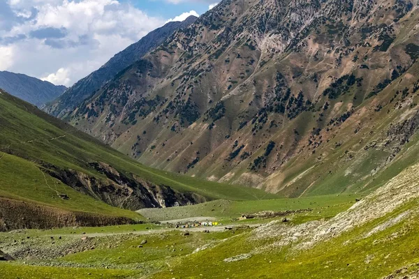 Skaliste Góry Pokryte Zieloną Trawą Niebieskim Niebem Tle — Zdjęcie stockowe