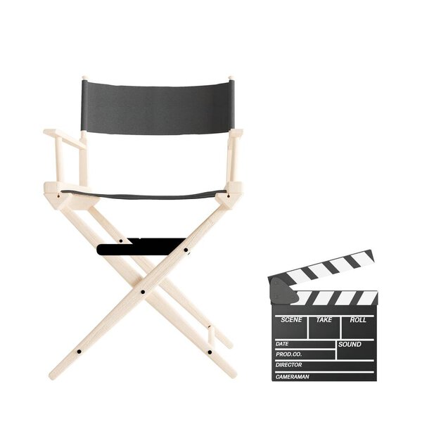 A 3d illustration of a studio chair and a movie clap board isolated on a white background