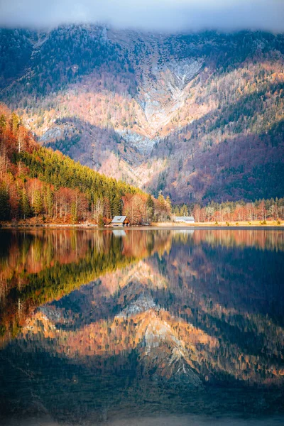 Tiro Vertical Lago Que Reflete Cores Das Árvores Outono Uma — Fotografia de Stock