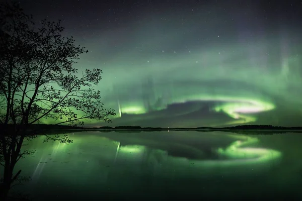 Aurora Polar Ilumina Céu Estrelado Sobre Lago Floresta Poytya Finlândia — Fotografia de Stock