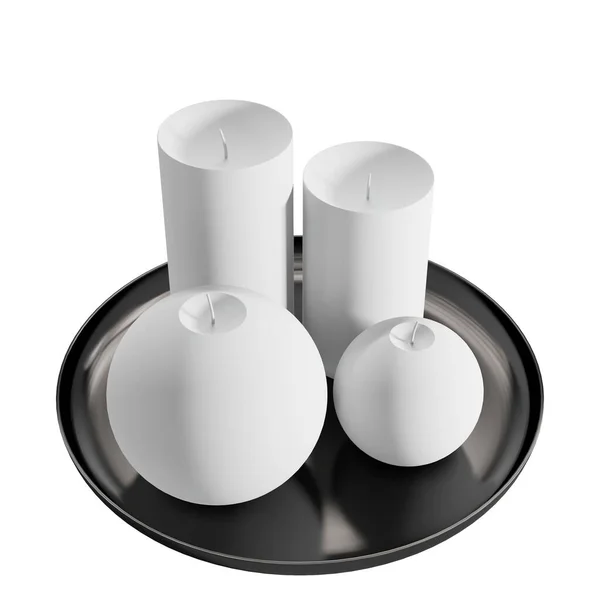 Μια Τρισδιάστατη Απεικόνιση Λευκών Κεριών Μαύρο Πιάτο Που Απομονώνονται Λευκό — Φωτογραφία Αρχείου