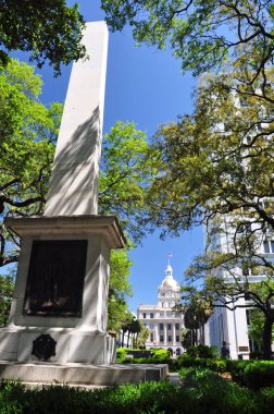 Savannah Georgia 'nın yeşil ağaçlı tarihi anıtları.