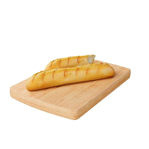 Boyutlu Baget Ekmeği Beyaz Bir Arka Planda Izole Edilmiş Tahta — Stok fotoğraf