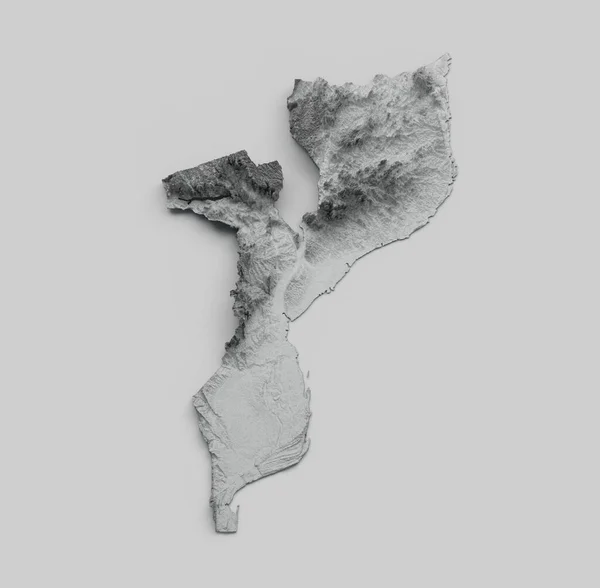 モザンビーク地図のグレースケール3Dイラスト旗の影のレリーフ色の高さ地図白い背景 — ストック写真