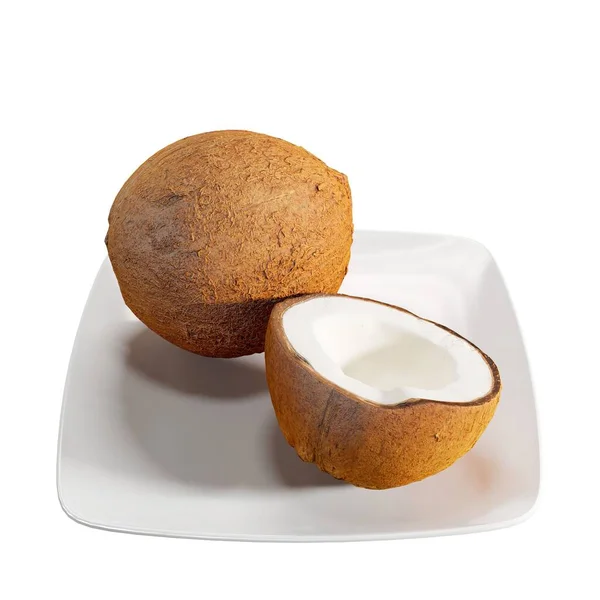 Die Kokosnuss Auf Einem Teller Isoliert Auf Weißem Hintergrund — Stockfoto