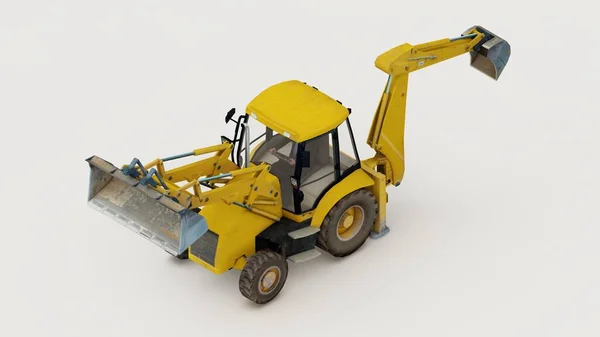 Closeup Yellow Construction Vehicle Backhoe Loader Model White Background — Stock Photo, Image