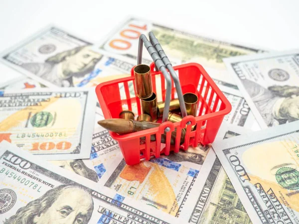 Closeup Bullets Red Basket Top Usd Banknotes — Stock Photo, Image