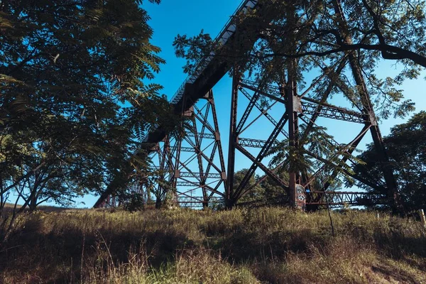 日当たりの良い青空に緑の木々に囲まれた大きな鉄道橋のローアングルショット — ストック写真