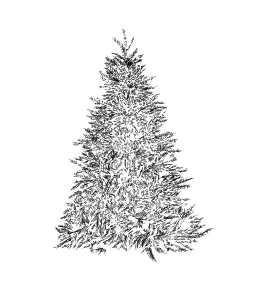 黒と白のシングルクリスマスツリーラインは デザインを描いた 冬と休日はクリスマスツリーのデザインに影響を与えました 白地に隔離された — ストック写真