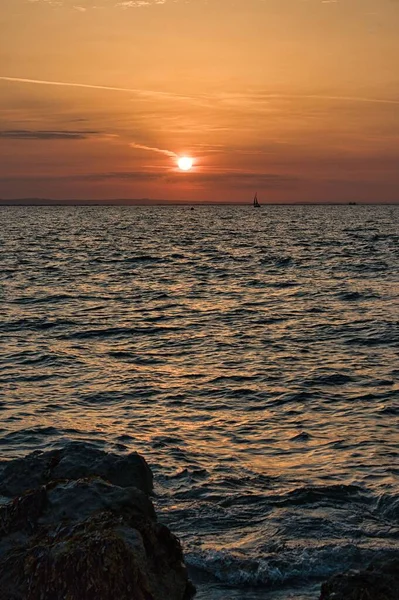Vertical Shot Rocks Seaweed Them Front Sea Golden Sunset — Stock Photo, Image