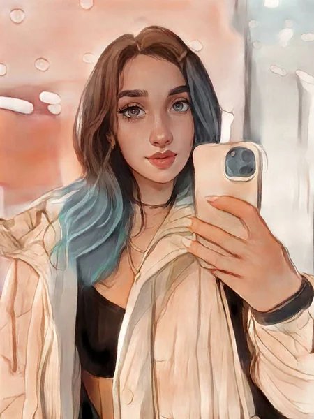 Una Toma Vertical Personaje Chica Pelo Azul Con Filtro —  Fotos de Stock