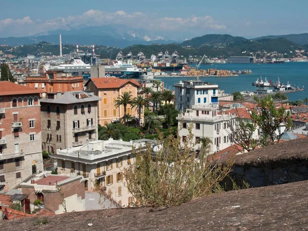 View High Point Spezia Cityscape Mediterranean Port Mountain Background — Stock Photo, Image