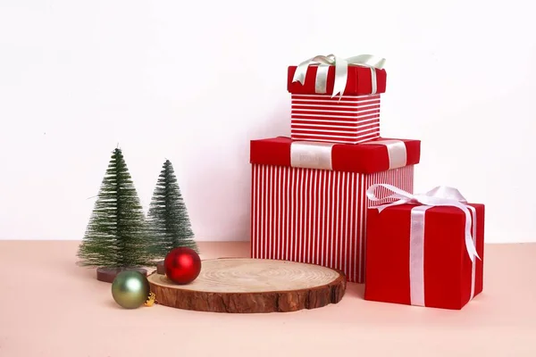 Gros Plan Une Composition Décorative Noël Avec Des Boîtes Cadeaux — Photo