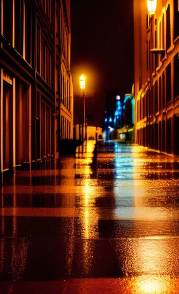 Egy Függőleges Közeli Felvétel Egy Esővízzel Borított Utcáról Éjszaka — Stock Fotó