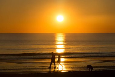Sahilde altın bir günbatımı arka planında yürüyen bir çiftin güzel manzarası.